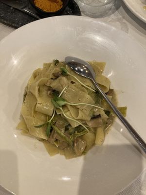 Papardelles with zucchini, mushroom, lemon zest, louiza and coconut milk  at Basilikos Restaurant in Skiathos