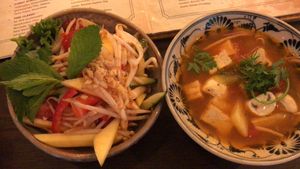 Mango salad in nice dressing, sour vegetable soup at To1980 Vegan in Dusseldorf