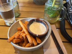 Sweet potatoe fries with vegan mayo  at To1980 Vegan in Dusseldorf