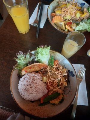 Mango bowl with sesame chicken and king bowl at To1980 Vegan in Dusseldorf