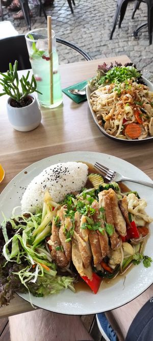 Below: Wok vegetables with rice and vegan duck. On top: fried rice noodles with vegan Chicken at Tonkin in Flensburg
