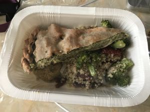Quinoa with vegetables, savoury cake with broccoli, veggie ball at Jaa Nu' Rosticceria Vegana in Genoa