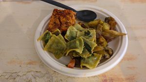 You can mix your stuff, here Lasagna Italiana, potatoes with soy chicken and Tortellini de Genova! at Jaa Nu' Rosticceria Vegana in Genoa