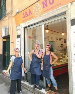 Lovely team at Jaa Nu' Rosticceria Vegana in Genoa
