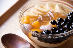 Tofu pudding , jellied fig, tapioca, taro dumplings, fruit of the day, ginger syrup
(vegan) at Ganjin Shokudo 鑑真食堂 in Kumamoto
