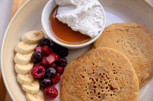 Pancake and fruits with soy milk whipped cream (vegan) at Ganjin Shokudo 鑑真食堂 in Kumamoto