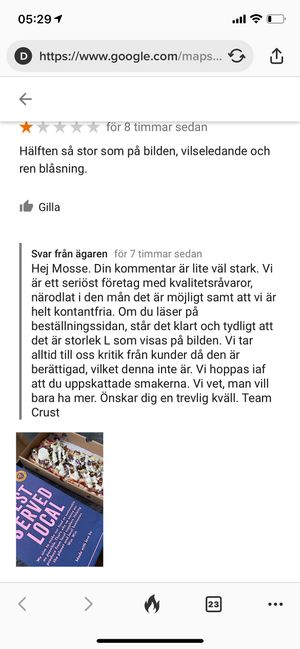 The response from the company.  at Crust Pizza Lab - Maybe closed in Malmo