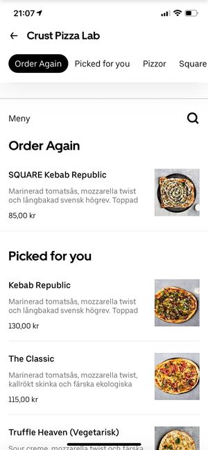 The misleading order page from the UberEats app.  at Crust Pizza Lab - Maybe closed in Malmo
