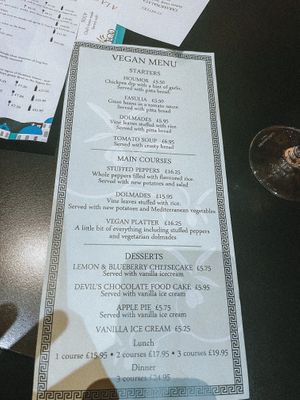 Vegan menu  at El Greco in Stratford-upon-avon