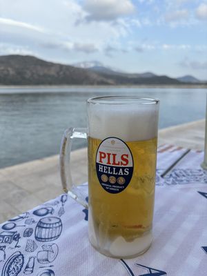 “The coldest beer in all of Greece”, served in a frozen mug  at Psitopolio Megas in Kefalonia