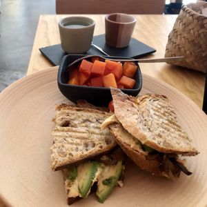 Vegan Bernadeta sandwich with avocado added   at Clemente Café in Puebla