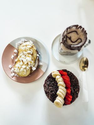 Pear & feta toast, hazelnut hot chocolate, and Choc-ee bowl! at Bloom in Logan