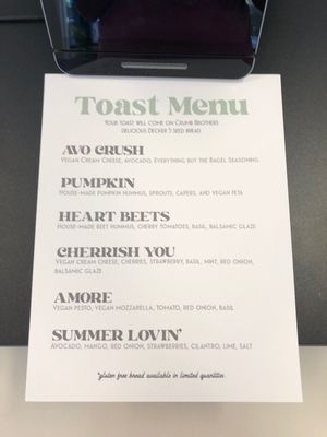 New toast menu  at Bloom in Logan