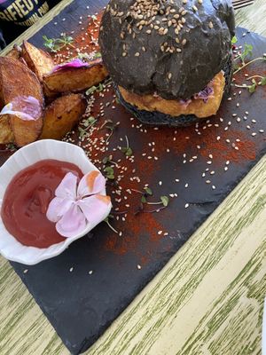 "pescado" burger y papas gajo  at Naked in San Luis Potosi