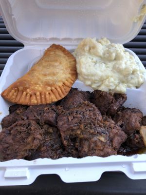 Oxtail, empanada, and potato salad—ALL VEGAN at Vegan Hood in New York City