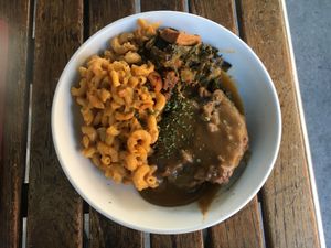 Crispy chik'n, mac & cheese, collard greens at Vegan Hood in New York City