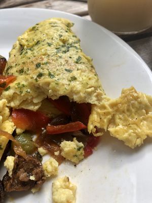 Filling in omelette   at Vegan Hood in New York City