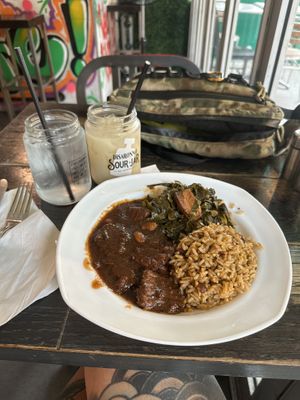 Flatbush - Oxtail, Collard Greens, Peas and Rice  at Vegan Hood in New York City