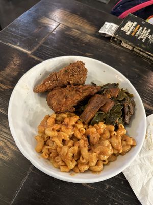 Vegan chicken Mac n cheeze and collard greens   at Vegan Hood in New York City