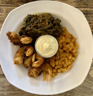 Bed study fry shrimpp  at Vegan Hood in New York City