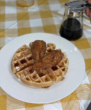 Chicken & waffles!!  at Vegan Hood in New York City