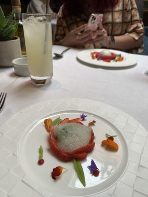 Strawberries with basil ice cream  at Pied a Terre in London