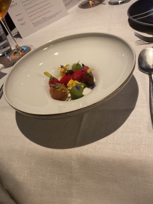 Summer tomato salad, “caviar”, marjoram, with tomato sorbet at Pied a Terre in London