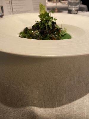 Peas, girolles, seaweed, truffle, lettuce, pepper at Pied a Terre in London