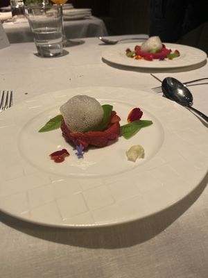 Strawberries, tonka, liquorice, basil sorbet, cocoa and coconut  at Pied a Terre in London