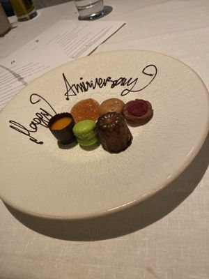 Mango pate, raspberry cake, peanut butter crisp  at Pied a Terre in London