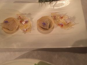 White wine tarts with polenta leafs at Pied a Terre in London