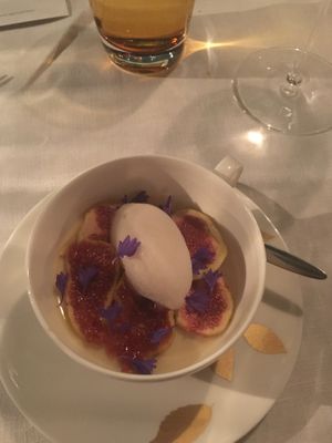 Pana cotta with fig and champagne sorbet at Pied a Terre in London