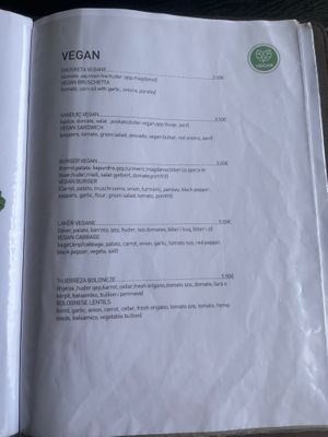 The vegan page of their menu. They said they don’t have any of these today (a Wednesday at lunchtime in August). at Bear Sanctuary in Pristina