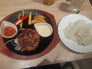 Fake meat hamburger with vegan sauces at Soleil Hibiya Okuroji in Tokyo