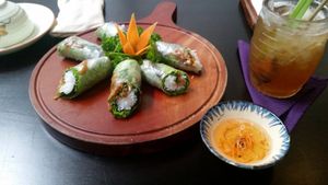 Summer rolls with roasted rice inside at Shamballa Vegetarian Restaurant Lounge & Cafe in Ho Chi Minh City