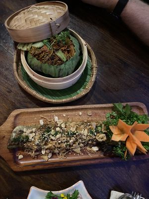 Fried lotus noodles and grillen aubergine  at Shamballa Vegetarian Restaurant Lounge & Cafe in Ho Chi Minh City