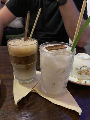 Vegan vietnamese coffee and Cinnamon almond milk  at Shamballa Vegetarian Restaurant Lounge & Cafe in Ho Chi Minh City