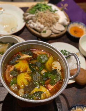 Spicy soup with lots of ingredients you want to add  at Shamballa Vegetarian Restaurant Lounge & Cafe in Ho Chi Minh City