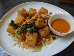Chili sprinkled tofu. Very good. Not too spicy. Normally not vegan but made it vegan for me at Shamballa Vegetarian Restaurant Lounge & Cafe in Ho Chi Minh City