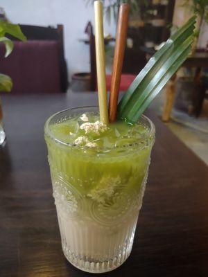Matcha Oat latte. Was ok. Little light on the matcha. A bit sweet at Shamballa Vegetarian Restaurant Lounge & Cafe in Ho Chi Minh City