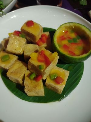 Fried Tofu with orange sauce. Very mild flavor at Shamballa Vegetarian Restaurant Lounge & Cafe in Ho Chi Minh City