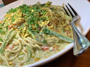 Spaghetti Pesto: Zucchini, Leeks, Sun-Dried Tomatoes, Pistachio Pesto, Ground Pistachio & Parsley, Cashew Cream Sauce at The Friesian in Grand Rapids