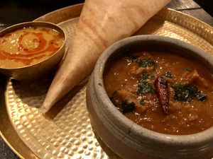 Dhal kari (left), dosa and tamil aubergine kari at Hoppers - King's Cross  in North London