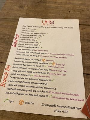 Menu  at UNO Caffé Olistico in Bologna