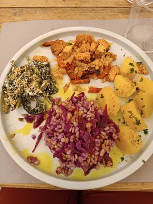 Daily mix (spinach with almond cheese, perseley with purple gabbage, potatoes and tofu with veggie) at UNO Caffé Olistico in Bologna