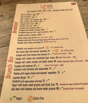Breakfast/brunch menu  at UNO Caffé Olistico in Bologna