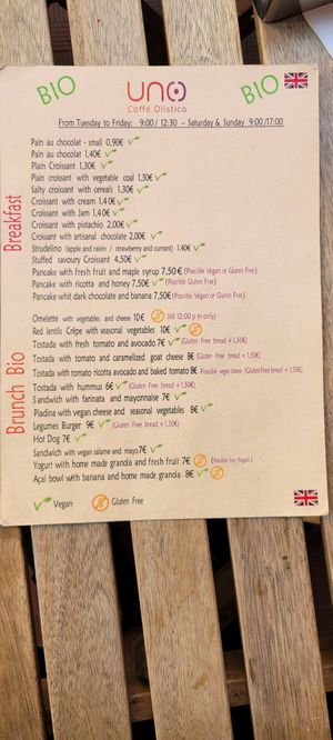 Menu September 22, 2024 at UNO Caffé Olistico in Bologna