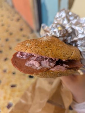 Panino con salame e mayo at UNO Caffé Olistico in Bologna