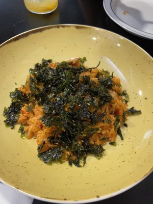 Vegan kimchi bbokkembab (fried rice) the owner offered the friend seaweed which is sweet & salty! at Ondo Korean Kitchen in Porto