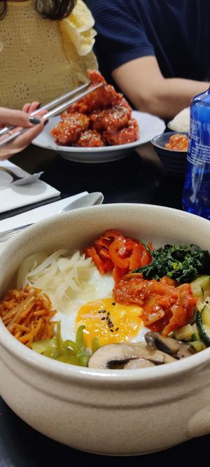 Bibimbap (비빔밥): Rice with all kinds of vegetables, kimchi and more! This is the vegetarian version, but just remove egg to make it vegan. at Ondo Korean Kitchen in Porto